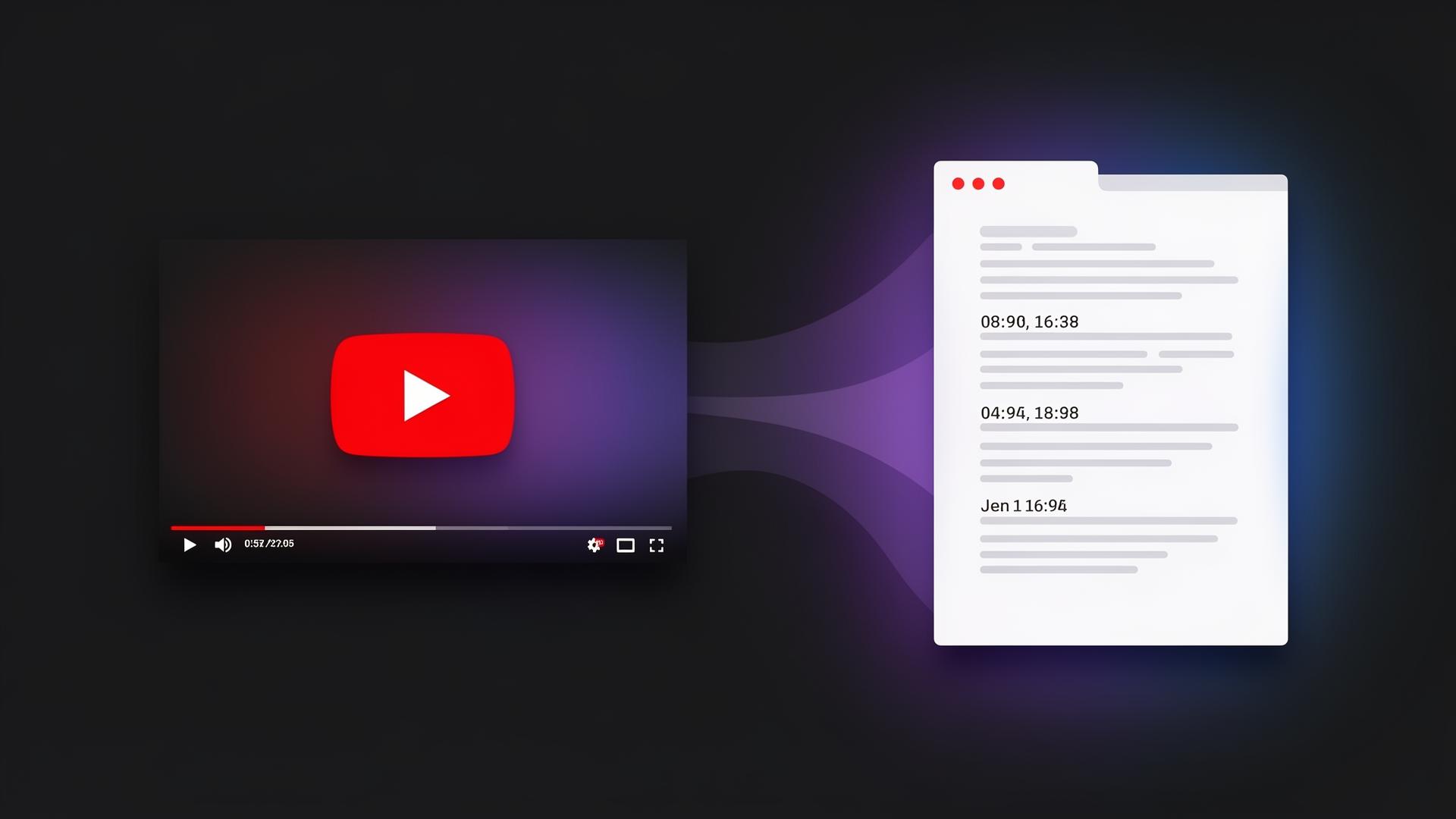 YouTube video player transforming into a timestamped transcript document — Transcriptifyyt converts any YouTube video into clean, downloadable text.